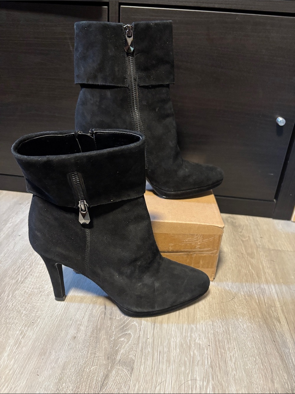 Tahari Black Suede Fold-Over Ankle Heeled Boots